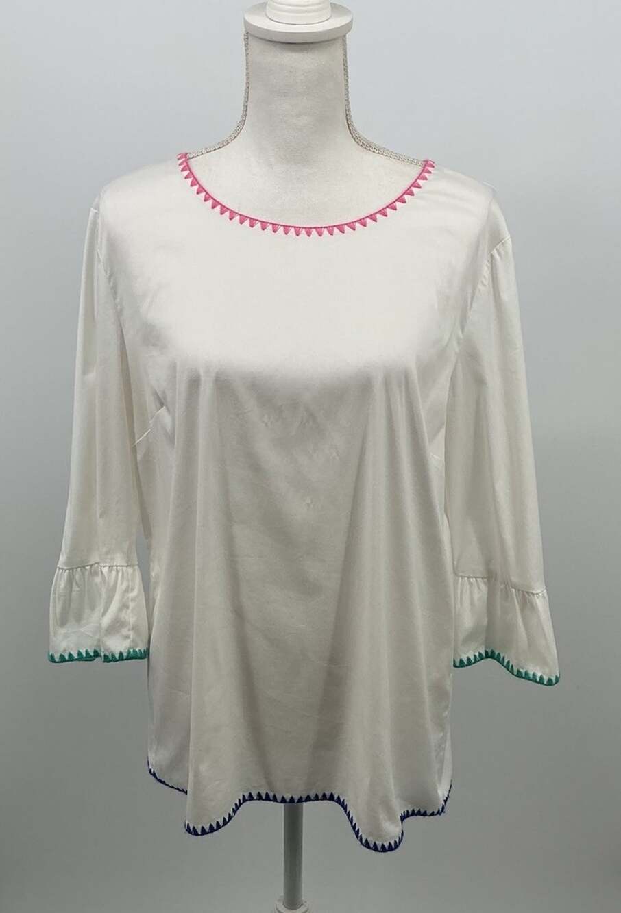 Talbots White Tunic Top Multicolor Trim Bell Sleeve Back Zip Women’s Large